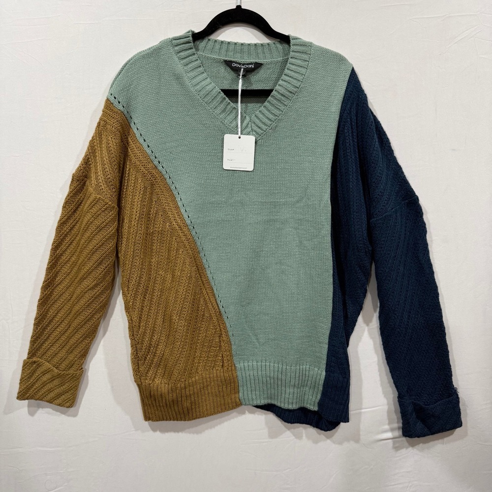 Davi & Dani Colorblock V Neck Sweater 1XL Oversized Knit Casual‎ Warm